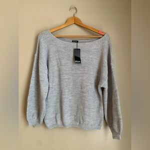 Nasty Gal Sweater Womens Medium Puff Sleeve Fuzzy WideNeck Pullover Boho Gray